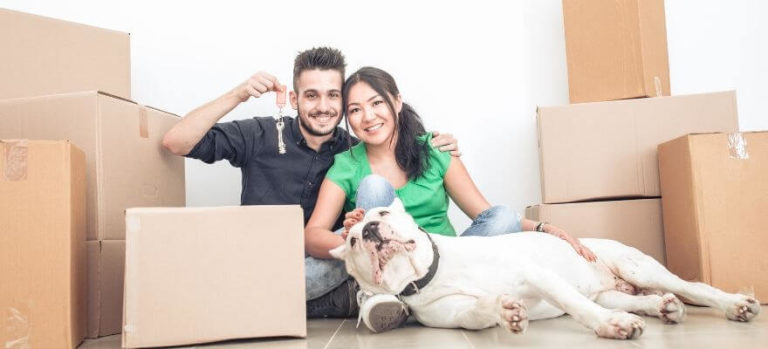 Couple with dog and boxes